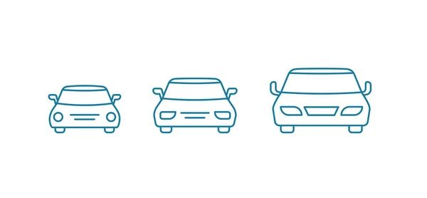 Tamaño del coche. Pequeño, mediano y grande. Variación de transferencia. Opciones de taxi. Vista frontal. contorno contorno azul línea vector . — Archivo Imágenes Vectoriales