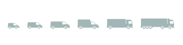 Εικονίδια παράδοσης. Μεταφορά φορτίου. Μέγεθος φορτηγού. Επιλογές τροποποίησης μεταβίβασης. Ναυτιλιακή. Μικρό, μεσαίο και μεγάλο. Γραφικό διάνυσμα Silhouette. — Διανυσματικό Αρχείο