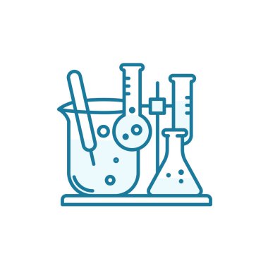 Kimyasal ikonlu mataralar. Kimya bilimi, test tüpü. Eğitim laboratuarı ekipmanları. Ölçüm tanı analizi. Dış hat mavi çizgisi.