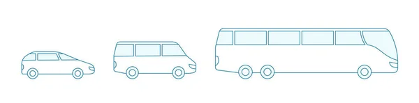 Le opzioni di dimensione del trasferimento in autobus. Piccole, medie e grandi. Scegli il tuo trasporto passeggeri. contorno contorno blu linea vettoriale . — Vettoriale Stock