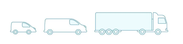 Delivery truck car size Icons. Cargo transportation variation options. Shipping. Minivan van and tautliner. Contour blue line Infographic vector. — Stock Vector