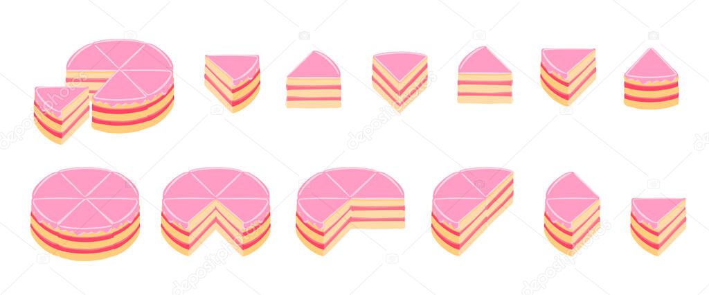 Pieces of pink cake infographics. The whole cake and its parts. Jam cream red topping jelly. Isometric view vector illustration.