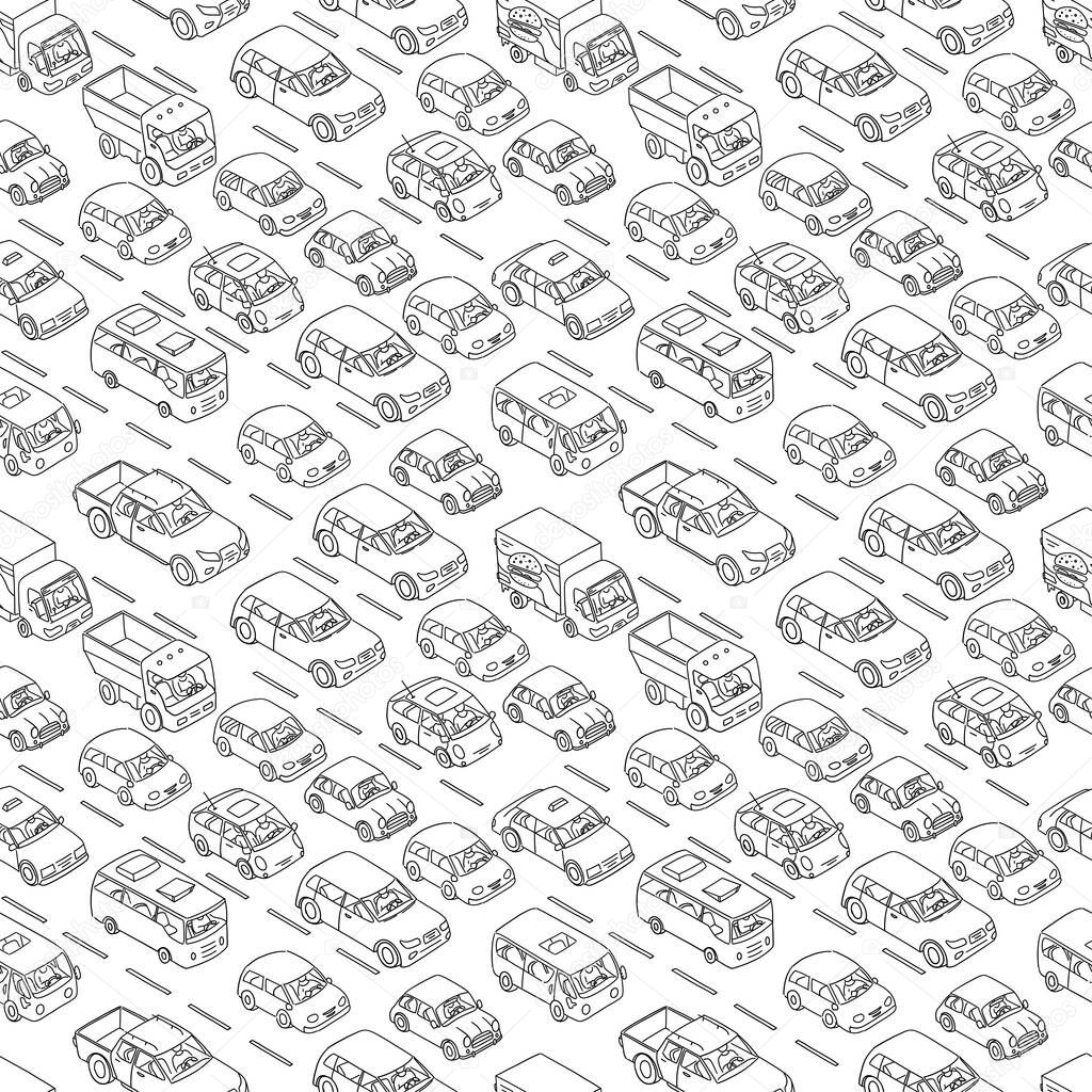 Car traffic jam sketch. Freehand drawing. Line vector illustration of traffic congestion on highway. Seamless pattern background.