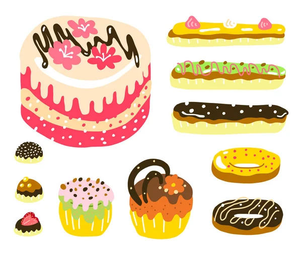 Gâteau muffin beignets bonbons et éclair. Ensemble de desserts. De la bonne nourriture. Croquis dessiné à la main. Illustration vectorielle de dessin animé. — Image vectorielle