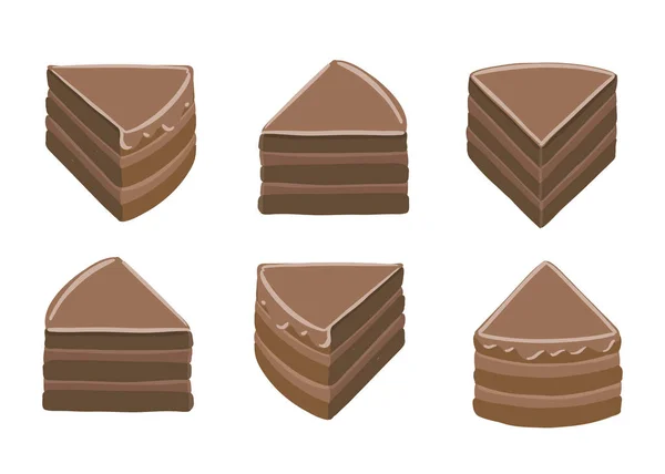 Pieces of chocolate cake. Brown cream topping. Isometric view vector set. Hand drawn sketch. — Stock Vector