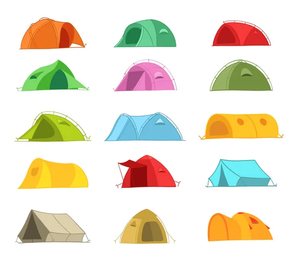 Tenten voor een zomerse vakantie in de natuur. Ikoon set. Verschillende kleuren en ontwerpen. Toerisme avontuur. Reizen camping. Platte vectorillustratie. — Stockvector