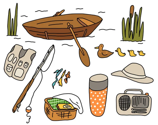 ボートで釣り。釣竿。川で夏休み。ピクニックだ。手描きスケッチ。ベクトル漫画イラスト. — ストックベクタ