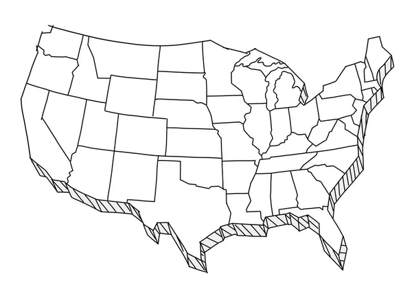 USA carte croquis. Touristique. Pays des États-Unis d'Amérique. Illustration à main levée. Ligne dessinée à la main vecteur. — Image vectorielle