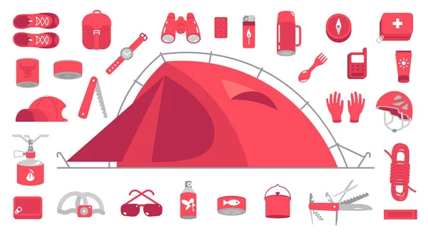 Camping klaar. Bergwandeluitrusting kit. Toerisme reis avontuur. Trekking outfit. Wandeltent. Vlakke vector rode kleur illustratie. — Stockvector