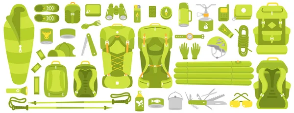 Camping klaar. Wandeluitrusting kit. Toerisme reis avontuur. Trekken. Vlakke vector groene kleur illustratie. — Stockvector