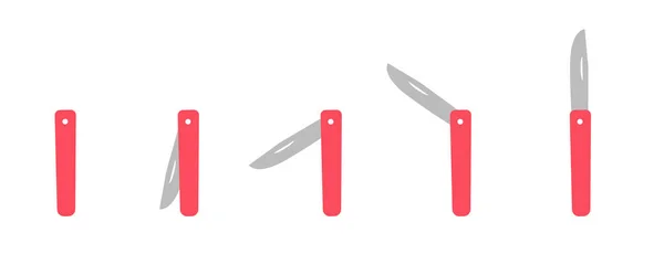 Set Jackknife. Coltello chiudibile. La posizione del coltello piegato e spiegata. Infografica vettoriale delle fasi di progressione dell'animazione. — Vettoriale Stock