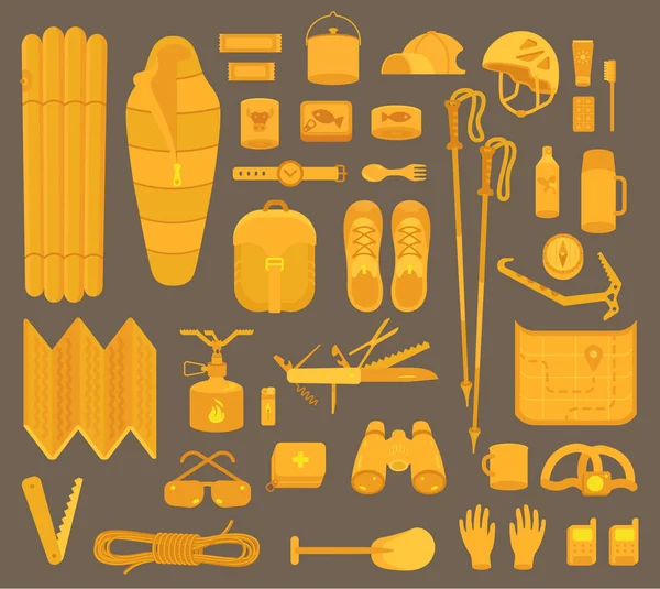 Camping klaar. Bergwandeluitrusting kit. Toerisme reis avontuur. Naadloze patroon achtergrond. Platte vectorillustratie. — Stockvector