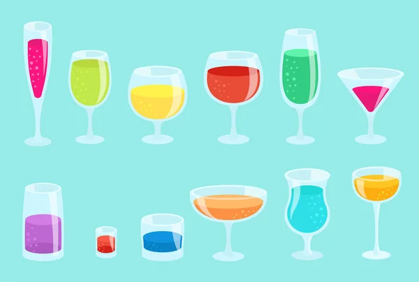 Conjunto de vasos con bebidas. Kit de cristalería para bebidas. Copas de cóctel. Banner horizontal. Sobre un fondo azul . — Vector de stock