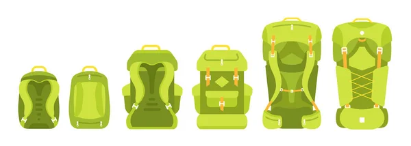 Escala de tamanho de mochila. Conjunto de sacos de campismo. Kit de mochila para caminhadas na montanha. Uma mochila de trekking. Viagem de turismo mochila bagagem. Pequeno médio e grande. Vetor plano . — Vetor de Stock