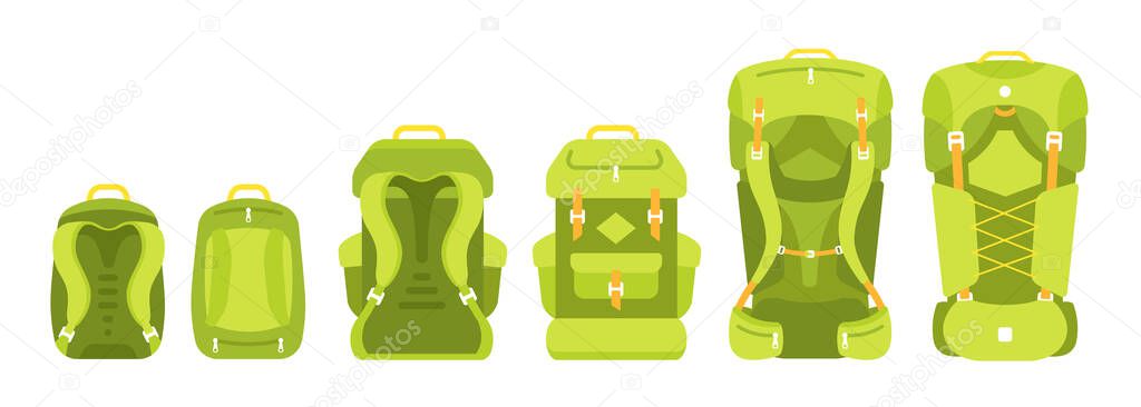 Backpack size scale. Camping bag set. Mountain hike pack-sack kit. Trekking knapsack. Tourism travel backpack baggage. Small medium and large. Flat vector.