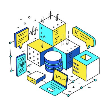 Sunucu teknolojisi ekipmanları. Matematik mühendisi metaforu. İnternet veri geliştirme. El çizimi eskiz. Vektör izometrik.