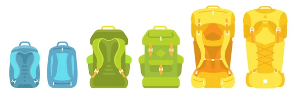 Tamaño de la mochila. Escala de equipaje. Mochila de camping conjunto. Una mochila de trekking. Pequeña mediana y grande. Vector plano . — Archivo Imágenes Vectoriales