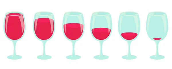 Proceso de beber. Diferente cantidad de bebida. Set de vasos con bebida roja. Vierte el vino. Bebida pequeña a grande. Animación progresión etapas vector infografía . — Vector de stock