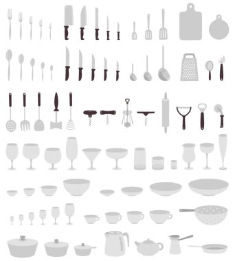 Utensiller büyük. Yemek takımı koleksiyonu. Mutfak eşyaları aksesuarı. Düz vektör arkaplan çizimi.