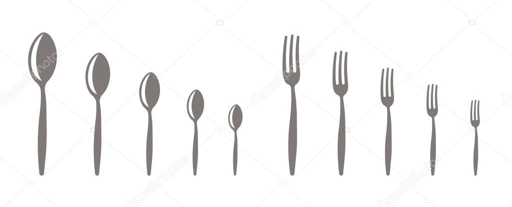 Forks and spoons. Set of different scale sizes. Kitchenware shop. Vector banner infographic. Small to Large.