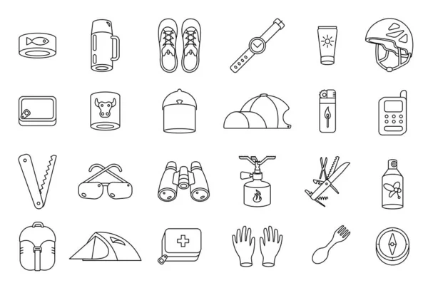 Camping lijn pictogram set. Bergwandeluitrusting kit. Toerisme reis avontuur. Wandelen en wandelen. Vectorcontouren. — Stockvector