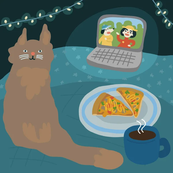 夜は家で。映画の寝室を見て。ピザとお茶。お気に入りの猫。居心地の良い快適な夜のレクリエーション。手描きの漫画スケッチ. — ストックベクタ
