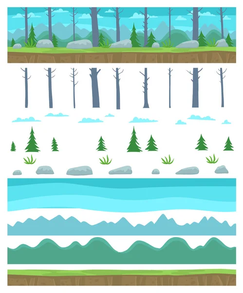 Parallax ready Game background layers. Пейзаж с лесными деревьями и горами. Бесшовный рисунок плитки. Бесконечные векторные плоские слои. — стоковый вектор