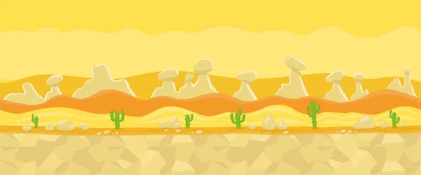 Sivatagi homok pusztaság. Játék háttér. Zökkenőmentes minta. Tájkép panoráma. Végtelen vektor lapos illusztráció. Vízszintes transzparens. — Stock Vector