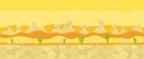 Tierra baldía de arena del desierto. Fondo del juego. Patrón sin costuras. Paisaje panorámico. Ilustración plana vectorial sin fin. Banner horizontal. — Vector de stock