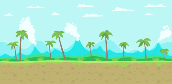 Fundo do jogo da selva. Camadas prontas para paralaxe. Padrão sem costura tileable. Paisagem com palmeiras trópicos e vulcões. Ilustração plana vetorial sem fim. Bandeira horizontal . — Vetor de Stock