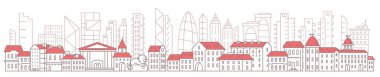 Şehir panoraması. Tarih şehir merkezinde modern gökdelenlerin arka planına karşı. Kırmızı çatılar. Uzun yatay bayrak. Vektör hatları çizimi çizimi. Parallax hazır.