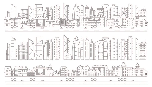 Panorama urbano. Capas listas para paralaje. Historia del centro de la ciudad con el telón de fondo de los rascacielos modernos. Banner horizontal largo. Ilustración del contorno vectorial. — Vector de stock