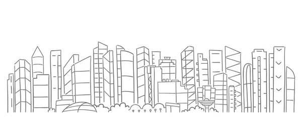 シティビジネスセンター高層ビルのパノラマ。水平方向の長いバナー。コピースペース。ベクトル線の輪郭線。手描きスケッチ. — ストックベクタ