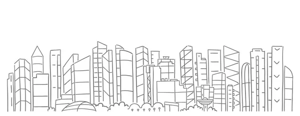 Centro de negocios de la ciudad rascacielos panorama. Banner horizontal largo. Copiar espacio. Esquema de contorno de línea vectorial. Bosquejo dibujado a mano. — Vector de stock