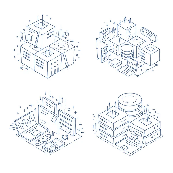 Equipo de tecnología de datos de servidor de Internet. Metáfora del ingeniero. Desarrollo del programador. Dibujo dibujado a mano. Vector isométrico. — Archivo Imágenes Vectoriales