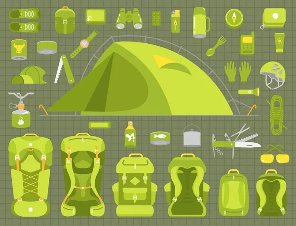 Toerisme reis avontuur. Camping klaar. Wandeluitrusting kit. Trekken. Vlakke vector groene kleur illustratie. — Stockvector