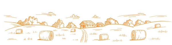 芝生の芝生だ。田園風景。村のフィールド道路。手描きスケッチ。田舎だ。輪郭ベクトル線。水平バナーの背景. — ストックベクタ