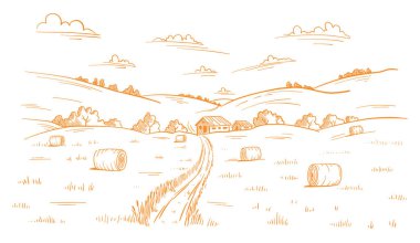 Saha yolu. Kırsal alan. Kendi saman çimlerim. El çizimi eskiz. Kırsal bölge pisti. Contour vektör çizgisi. Sonbahar manzarası.