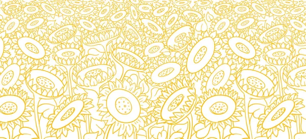 Fond de champ de tournesol. Plante de fleur agricole. Croquis dessiné à la main. Emballage de production d'huile. Ligne jaune mince. Illustration vectorielle. — Image vectorielle