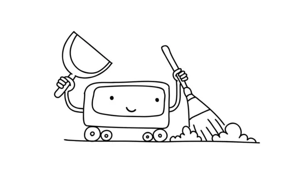 机器人吸尘器草图。用扫帚和勺子画图手绘。整理干净干净。聪明的家用电器。管家的性格. — 图库矢量图片