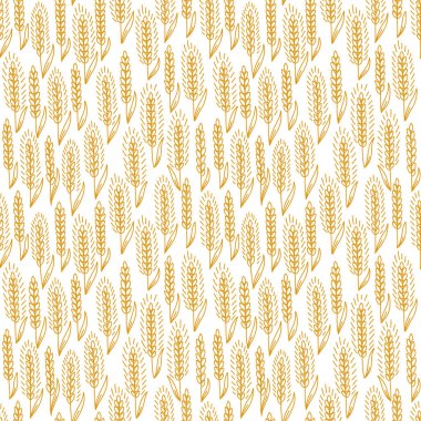 Mısır gevreği tarlası. Buğday pürüzsüz desen. Ekmek ambalajı arka planı. Çavdar ekmeği kulakları. Tarım tahıl kamışı. Turuncu renk çevre çizgisi vektörü.