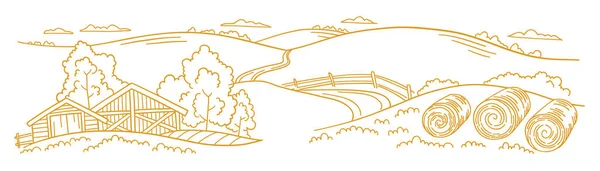 The farm is livestock. Rural landscape. Hay fodder in the barnyard. Village field and the hills. Hand drawn sketch. Countryside. Contour vector line. Horizontal banner. — Stock Vector