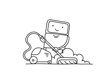 Süpürge çizimi yapan robot. El çizimi çizimi. Temizlik yap. Akıllı ev. Hizmetçi karakter..