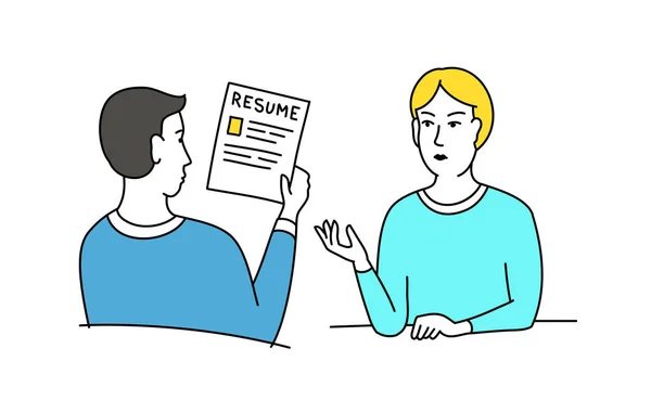 HR interview sketch. Talking with a job applicant. Male recruiter hired, reading resume. Vector cartoon. — Stock Vector