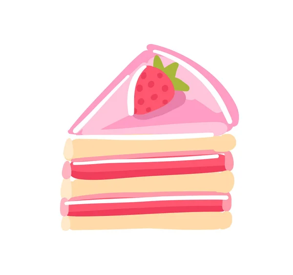 Piece of cake with strawberrie. Pink jam cream red topping jelly. Sweet dessert. Vector illustration. Hand drawn sketch. — Stock Vector