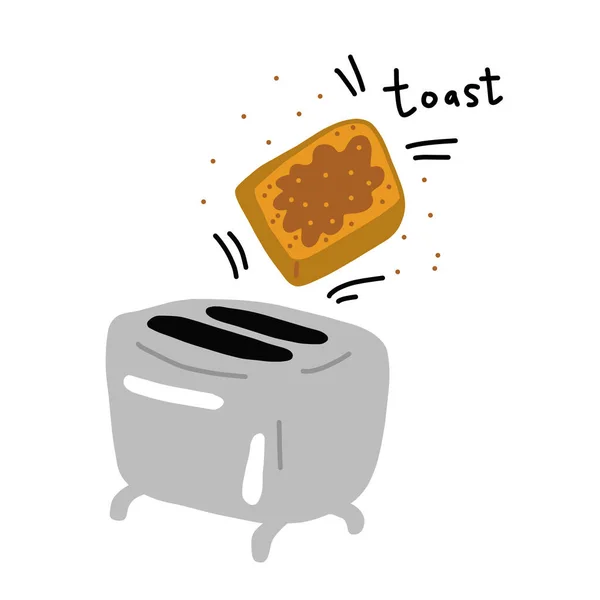 Toaster und Scheibe Brot. Küchenausstattung. Frühstückstoast. Handgezeichnete Skizze. Vektorplakat. Cartoon-Illustration. — Stockvektor