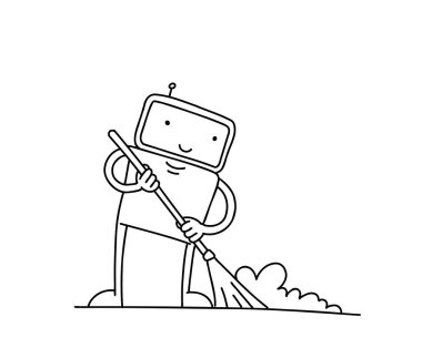Robot temizleyici çizimi. Süpürgeyle. Temizlik yap. Karakterin kâhyası. Çizim el çizimi.