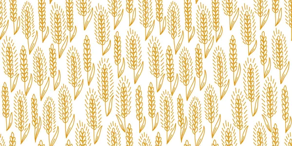 シリアルフィールドシームレスパターンの背景。パンの包みだ。ライ麦や小麦の耳。農業用穀物わら。オレンジ色の輪郭線ベクトル. — ストックベクタ