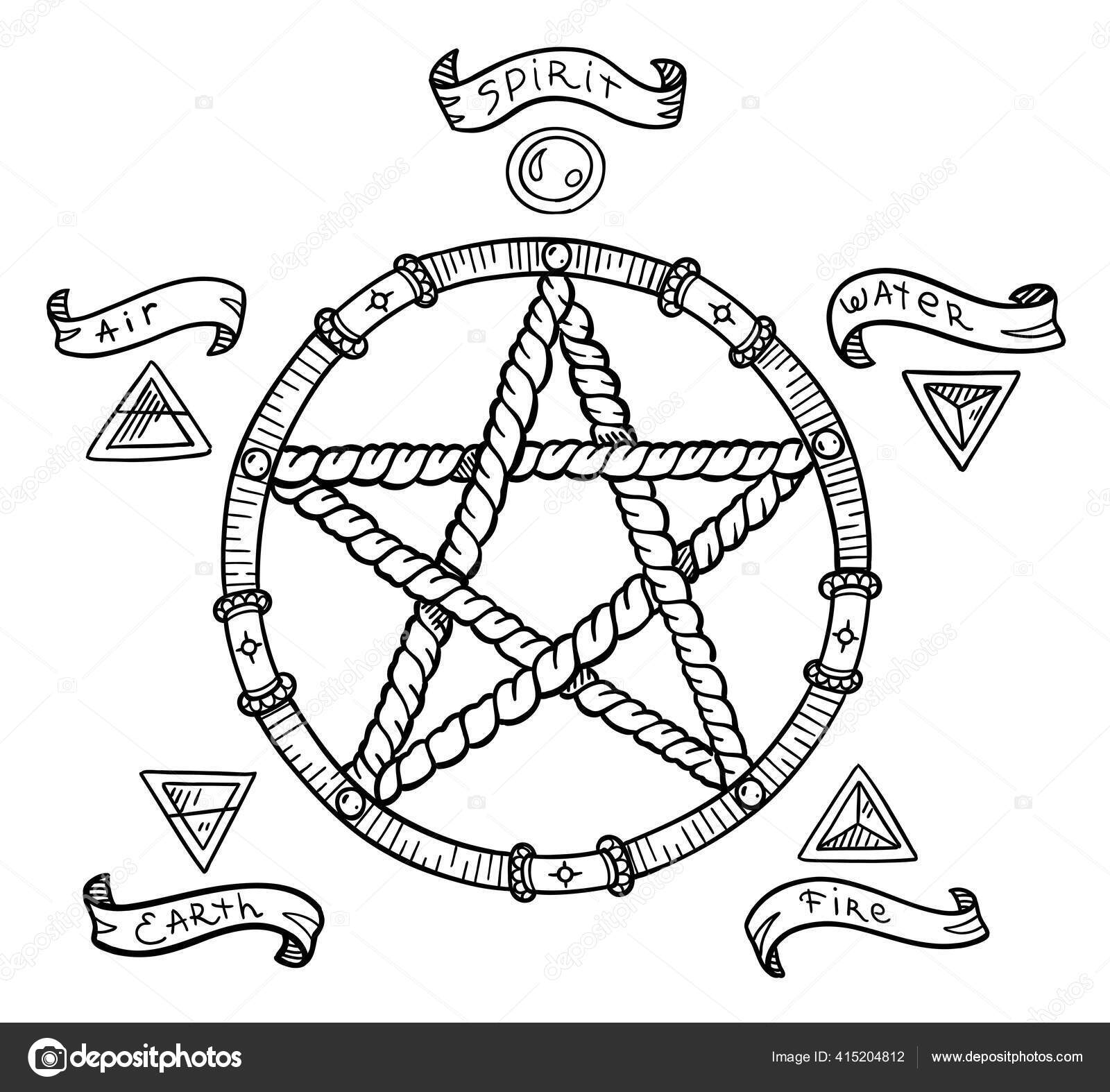 Símbolo de Pentagrama. Círculo mágico del pentáculo. Símbolos místicos y  ocultos. Halloween y brujería esotérica. Dibujo dibujado a mano vector  línea. Vector de stock #415204812 de ©ilyakalinin, image size:1600x1574