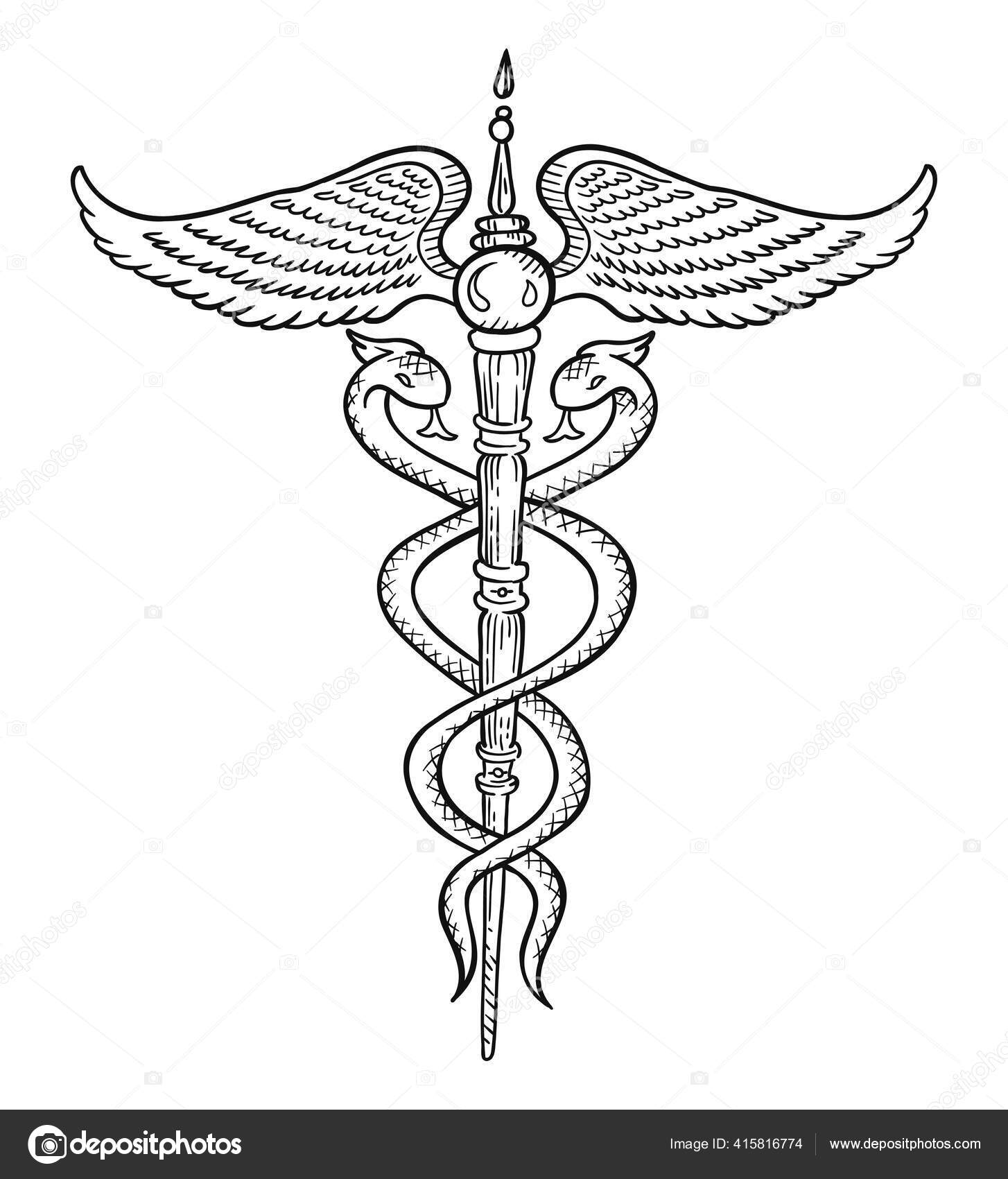 Caduceus symbol. Wand, or staff with two snakes intertwined around it.  Hermes or Mercury Greco-Egyptian mythology. Hand drawn sketch vector  illustration. Stock Illustration by ©ilyakalinin #415816774